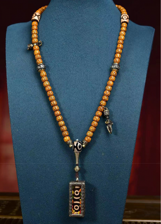 Antique Star-Moon Bodhi 108 Mala with Three-Eye Dzi Bead