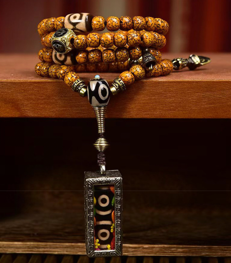 Antique Star-Moon Bodhi 108 Mala with Three-Eye Dzi Bead