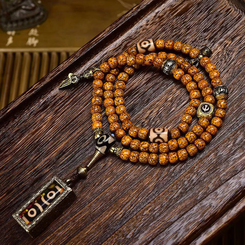 Antique Star-Moon Bodhi 108 Mala with Three-Eye Dzi Bead